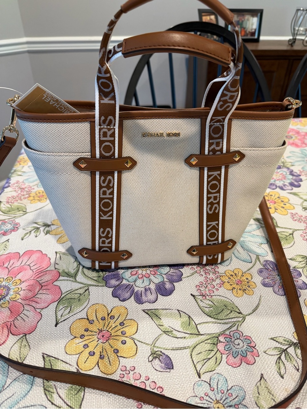 Michael Kors Cream Tote with Brown Trim and Logo Straps
